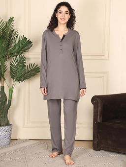 Kanvin - Women Grey Solid Full Sleeves Night Suit