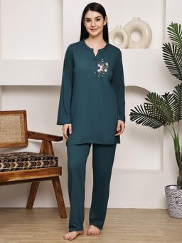 Kanvin - Women Teal Embroidered Full Sleeves Night Suit