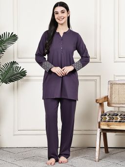 Kanvin - Women Purple Solid Full Sleeves Night Suit