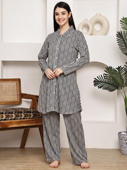 Kanvin - Women Black Geometric Full Sleeves Night Suit