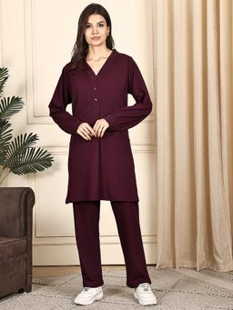 Kanvin - Women Maroon Solid Full Sleeves Night Suit