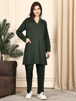 Kanvin - Women Green Solid Full Sleeves Night Suit