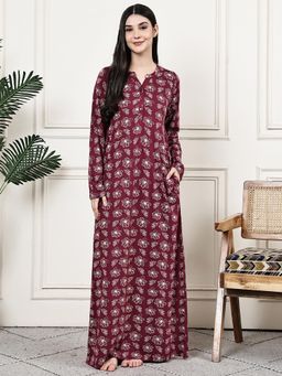 Kanvin - Women Maroon Floral Printed Full Sleeves Long Nighty