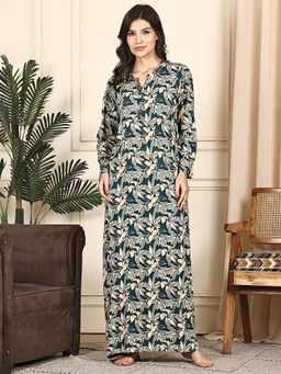 Kanvin - Women Green Floral Printed Full Sleeves Long Nighty