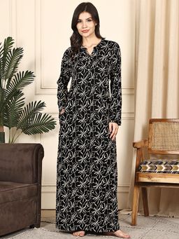 Kanvin - Women Black Floral Printed Full Sleeves Long Nighty