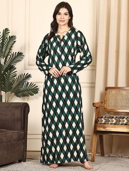 Kanvin - Women Green Geometric Full Sleeves Long Nighty