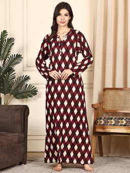 Kanvin - Women Red Geometric Full Sleeves Long Nighty