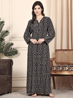 Kanvin - Women Black Geometric Full Sleeves Long Nighty