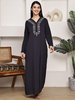 Kanvin - Women Navy Blue Printed Full Sleeves Long Nighty
