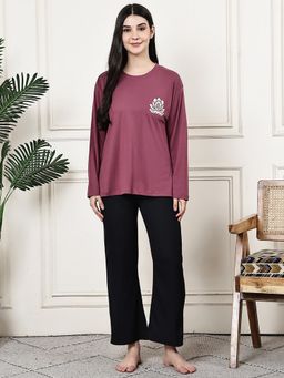 Kanvin - Women Mauve Printed Full Sleeves Night Suit