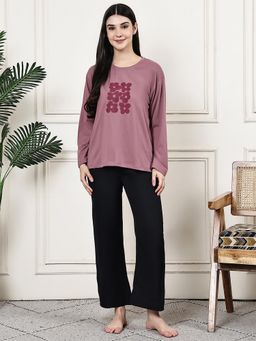 Kanvin - Women Mauve Printed Full Sleeves Night Suit