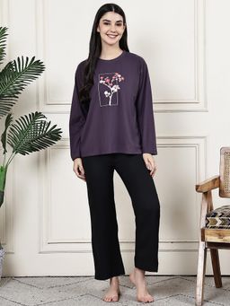 Kanvin - Women Purple Floral Printed Full Sleeves Night Suit