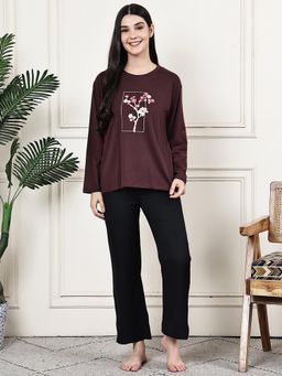 Kanvin - Women Maroon Floral Printed Full Sleeves Night Suit
