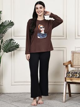 Kanvin - Women Brown Graphic Full Sleeves Night Suit