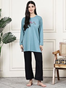 Kanvin - Women Blue Floral Printed Full Sleeves Night Suit