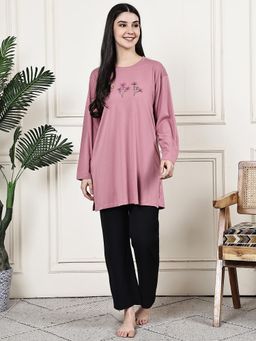 Kanvin - Women Pink Floral Printed Full Sleeves Night Suit