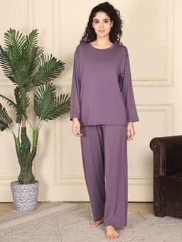 Kanvin - Women Purple Solid Full Sleeves Night Suit