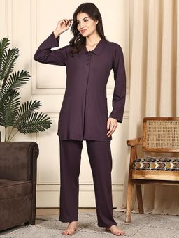 Kanvin - Women Purple Solid Full Sleeves Night Suit