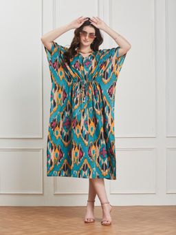 Secrets By ZeroKaata - Women Blue Printed Pure Cotton Kaftan Nightdress