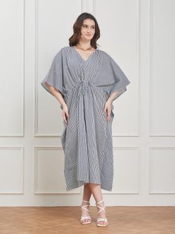 Secrets By ZeroKaata - Women White and Blue Striped Pure Cotton Kaftan Nightdress
