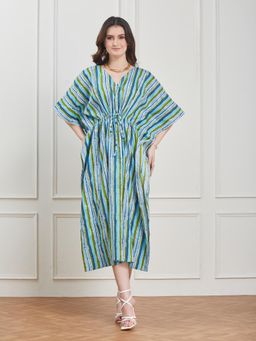 Secrets By ZeroKaata - Women Blue Striped Pure Cotton Kaftan Nightdress