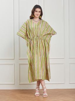 Secrets By ZeroKaata - Women Green Striped Pure Cotton Kaftan Nightdress