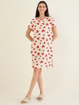 Sweet Dreams - Women Cream printed short length night dress