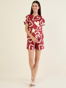 Sweet Dreams - Women Maroon Heart Print Top and Shorts
