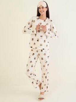 Sweet Dreams - Women Cream Teddy printed Long Sleeves Top and Pajama