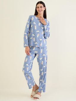 Sweet Dreams - Women Blue Bear printed Full Sleeves Top and Pajama