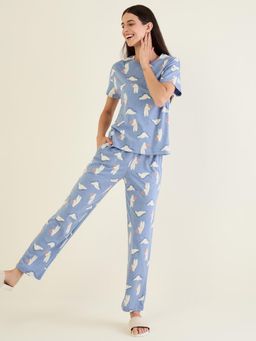 Sweet Dreams - Women Blue Bear printed Short Sleeves Top and Pajama