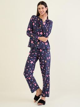 Sweet Dreams - Women Navy Blue Floral printed Full Sleeves Top and Pajama
