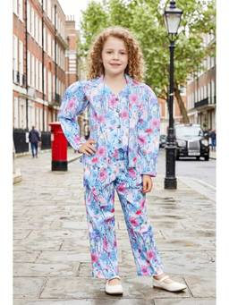 Lei Chie - Girls Blue Floral Printed Button-Down Shirt Co-Ord Set