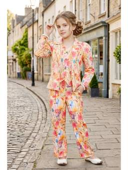 Lei Chie - Girls Peach Floral Printed Shirt Collar Co-Ord Set