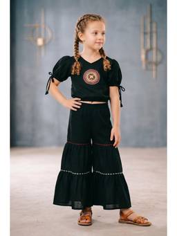 Lei Chie - Girls Black Embroidered Crop Top With Sharara