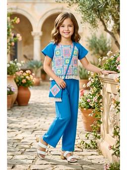 Lei Chie - Girls Blue Geometric Embroidered Panel Top With Pant