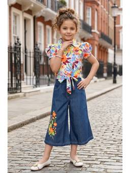 Lei Chie - Girls Multi-Color Floral Tie-Up Denim Shirt With Pant