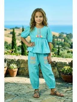 Lei Chie - Girls Turquoise Embroidered Peplum Co-Ords Set