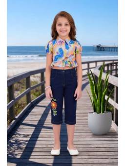 Lei Chie - Girls Multi-Color Printed Shirt With Navy Printed Capris