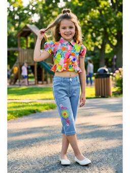Lei Chie - Girls Multi-Color Printed Shirt With Navy Printed Capris
