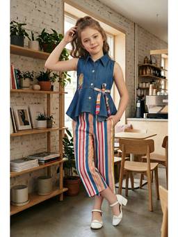 Lei Chie - Girls Blue Denim-Look Sleeveless Top With Striped Trousers