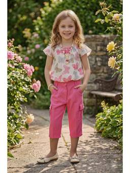 Lei Chie - Pink Girls Cream Floral Print Top With Cargo Capris