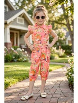 Lei Chie - Girls Peach Printed Ruffled Waist Tie-Up Co-Ord Set