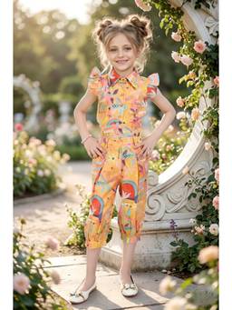 Lei Chie - Girls Yellow Tropical Printed Ruffle Sleeve Co-Ord Set