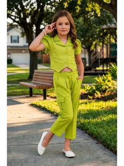 Lei Chie - Girls Lime Green Solid Cropped Co-Ord Set