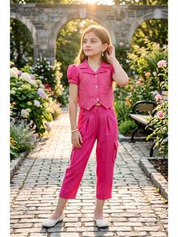 Lei Chie - Girls Pink Embroidered Puff Sleeve Co-Ord Set