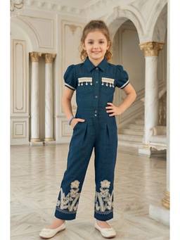 Lei Chie - Girls Teal Floral Embroidered Tassel Puff Sleeve Jumpsuit