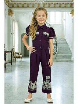 Lei Chie - Girls Wine Floral Embroidered Tassel Puff Sleeve Jumpsuit
