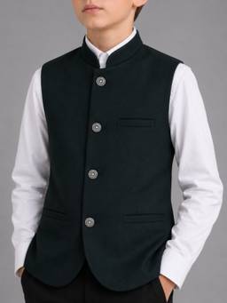 Kids Island - Green Festive Tailored Fit Polycotton Solid Mandarin Neck Nehru Jacket
