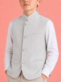 Kids Island - Grey Festive Tailored Fit Polycotton Solid Mandarin Neck Nehru Jacket